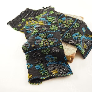Antique Biedermeier Romantic Period Beaded Arm Warmers, Black Ground with Blue and Green Glass Beads, Hearts and Flowers, Germany 1840-60