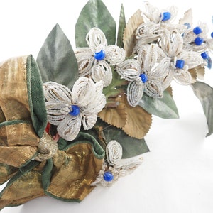 Antique Victorian Period Beaded Flower Bouquet, with Tole Ware Foliage, Metal Thread Ribbon, Hand Sewn, France or Germany 1890s