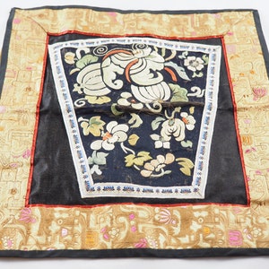 Antique Fragment of Chinese Embroidery on Black Silk in Various Stitch Techniques, with Later Border and Backing, China 19th Century