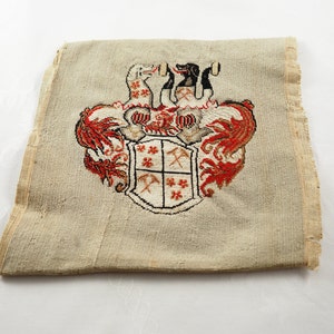 Antique Georgian Tent Stich Canvas Work Armorial Panel, Linen Ground, Marriage Armorial, Knights Helm, Linen Thread and Beads, Germany 1780