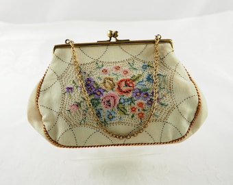 Vintage White Ground Petit Point Embroidered Evening Purse, with Roses Forget me Not and Violets, Brass Frame, Wedding, Germany 1930-50