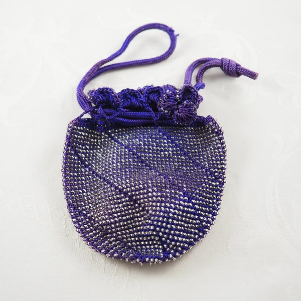 Antique Edwardian Crocheted and Beaded Mini Reticule, Purple Silk with Clear Beads, Scalloped Edge, Cord Drawstring Closure, Germany 1900-10