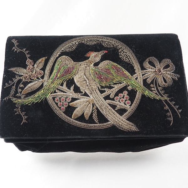 Vintage Zardozi Embroidered Evening Clutch, Black Velvet, Embroidered in Silver Metallic Threads and Colored Wool, Phoenix, India 1930-40s