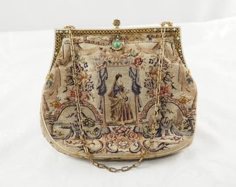 Antique Edwardian Petit Point Figural Evening Purse, Queen Anne Style, Ornate Brass Frame, Coin Purse and Mirror, Fading, Austria 1910s