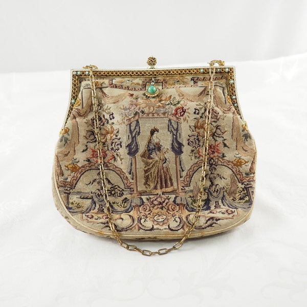 Antique Edwardian Petit Point Figural Evening Purse, Queen Anne Style, Ornate Brass Frame, Coin Purse and Mirror, Fading, Austria 1910s