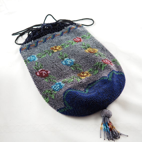 Antique Victorian Beaded Reticule with Blue Beads… - image 2