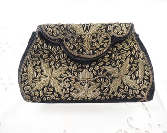 Vintage Zardozi Indian Evening Purse, Bullion Embroidery, Worked in Silver Metal Threads, Black Velvet, Made in India, 1940s-60s