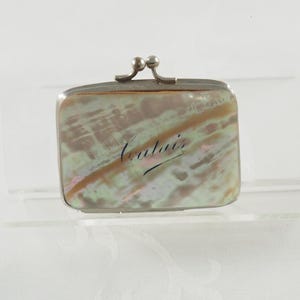 Antike Belle Epoque Abalone-Geldbörse, Souvenir von Calais, souveräne Geldbörse, rotes Stofffutter, versilberter Rahmen, Frankreich 1880-1900