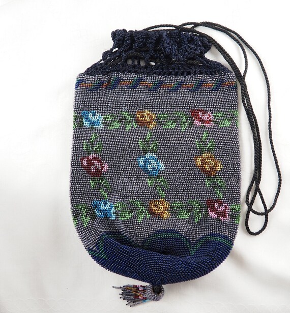Antique Victorian Beaded Reticule with Blue Beads… - image 4