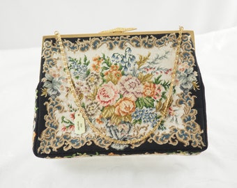 Vintage Chinese Micro Petit Point Evening Bag with a Vase of Flowers, Gilt Brass Frame, S Link Handle, Label, Hong Kong British Colony 1950s