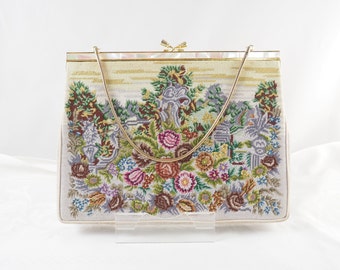 Bolso de noche chino vintage en micropetit point con rocas y flores, marco de latón y nácar, colonia británica de Hong Kong, años 60