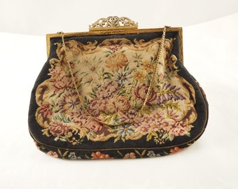 Vintage Austrian Micro Petit Point Evening Bag, Worked with Flowers,  Silvered Brass Clasp, NEEDING RESTORATION, Woven Label, Austria, 1930s