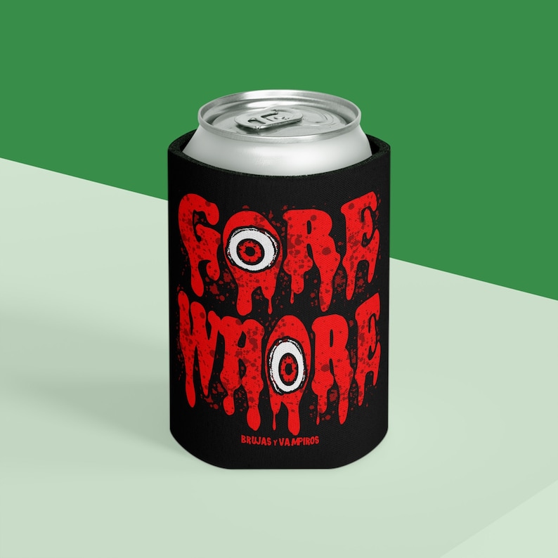 GORE WHRE Can Cooler, macabre beer koozie, horror movie beer koozie, horror can cooler, funny beer koozie, rated r movie can cooler image 1