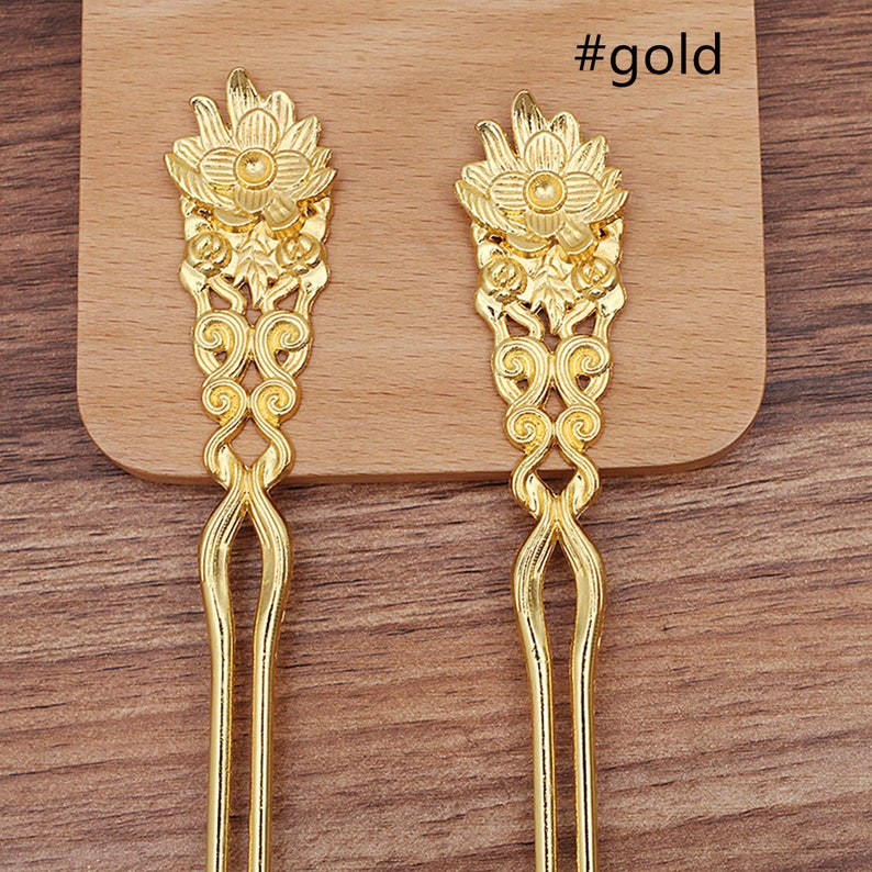 2pcs flower HairPin,Hollow out Hair Stick,blank accessories Hair Jewelry ,U shape hairpins,for Chinese Hanfu7012-429 Gold
