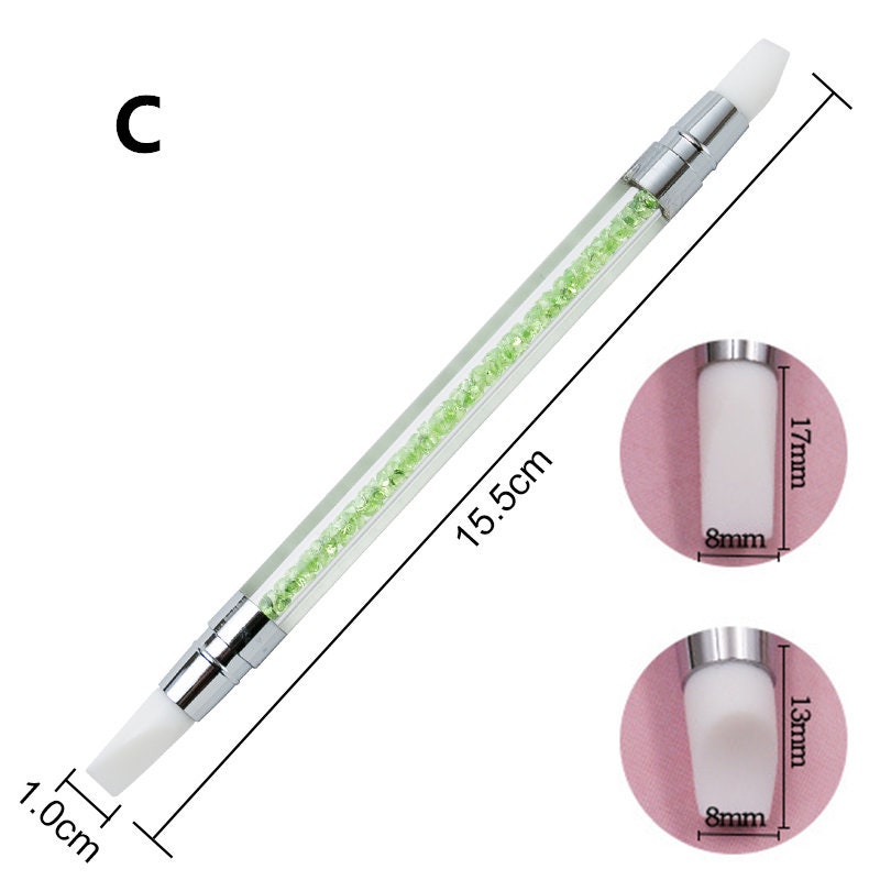 2 Way Rhinestone Crystal Nail Art Brush Pen Silicone Head Carving