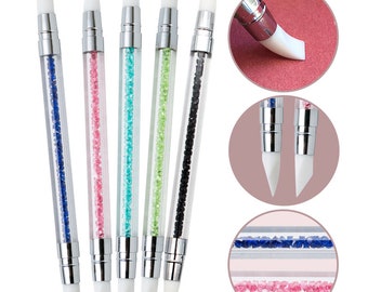 2 Way Rhinestone Crystal Nail Art Brush Pen Silicone Head Carving Emboss Shaping Hollow Sculpture Acrylic Dotting Tool(7003-35)