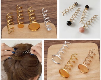 10 piezas al por mayor de horquilla de metal, palo de pelo con base de cabujón, accesorios en blanco, joyería para el cabello, peines para el cabello, palo de pelo en espiral, horquillas (7012-166)