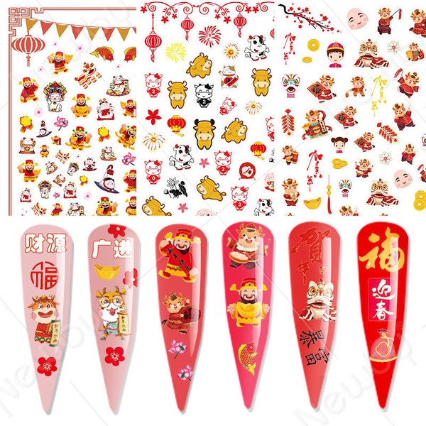 year of the ox quick art sticker,Chinese New year Sticker Nail decal with Gum, mix Chinese nail sticker,Nail Art Decorations(7022-1)