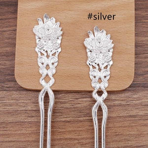 2pcs flower HairPin,Hollow out Hair Stick,blank accessories Hair Jewelry ,U shape hairpins,for Chinese Hanfu7012-429 Silver