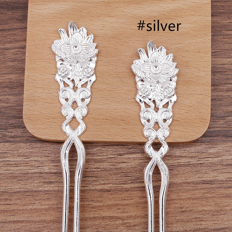 2pcs flower HairPin,Hollow out Hair Stick,blank accessories Hair Jewelry ,U shape hairpins,for Chinese Hanfu7012-429 Silver