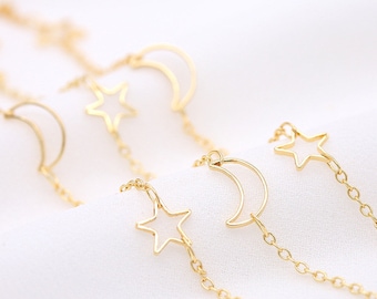 14k Gold plated , brass chain, gold moon and star chain,brass chain,Bulk small cable chain