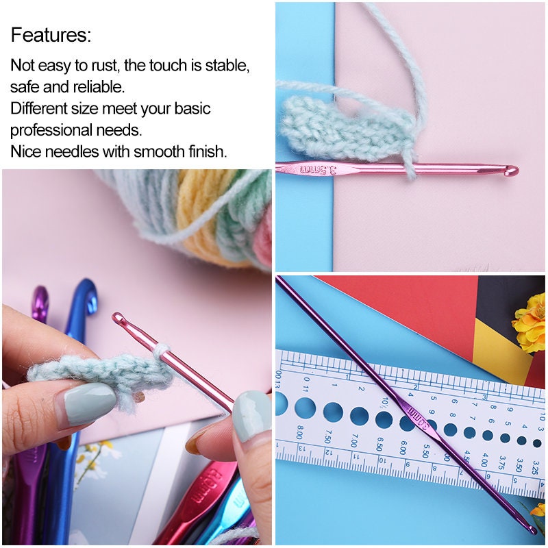 Aluminium Crochet Hook Needles, Crocheting Knitting Metal Hooks Needles Set  of 12 Pcs From 2.5mm to 10mm Coloured Hooks 15cm All Sizes 