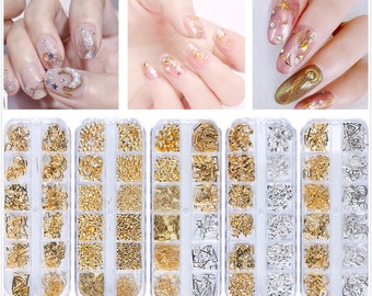 Luna y estrella Rivet Glitter Nail Studs Metal Decoration / starry sky Nail supply Tachuelas metálicas, Manicure gold Nail chips Art Decorations