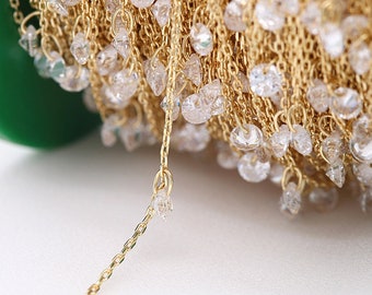 14k Gold plated , brass chain with beads,  gold beaded chain, Bulk small cable chain with Cubic Zirconia