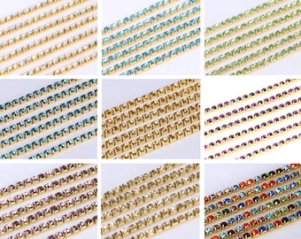 2 Meter 2-4mm Strass Verschluss Tassenkette, Goldfassung, Einreihig, 14 Farben, Großhandel Günstig & hochwertig(7000-48)