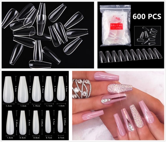 Medium Square Coffin Acrylics Fake Nail Tips Full Cover 10 Size Clear /  Natural