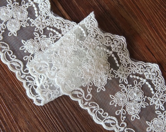 beige/Ivory/black  wedding lace trim, bridal lace trim, cotton lace, scalloped trim lace for bridal veil,flowers embroidered lace 49-30