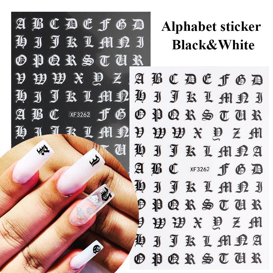 Letter Nail Art Stickers Alphabet Nail Decals Nail Art Supplies 3D  Holographic Old English Character Self-Adhesive Sticker Glitter Design for  Acrylic Nails Decorations Accessories 8 Sheets