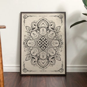 Op de afbeelding: Zwart-witte print van een mandala met schedels en bloemmotieven. De print is ingelijst in een zwart frame en heeft de tekst "Art of Zic" onderaan.