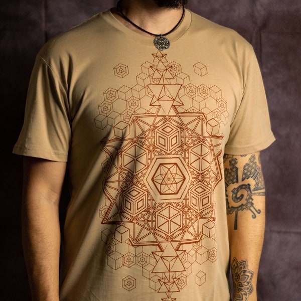 Vêtements à géométrie sacrée vêtements fractaux Psy Trance Burning Man Festival vêtements Merkaba géométrique hexagone chemise Mandala