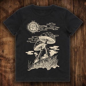 Mushroom Fields Art Of Zig Sun Kids Black T-Shirt
