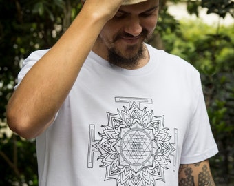 MENS White T-Shirt // Yoga Clothing // Sri Yantra // Sacred Geometry // Festival Mandala Clothing // Yoga Shirt // Yoga Top //