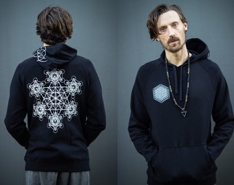 Sacred Geometry Hoodie Black Sweatshirt Festival Clothing Metatrons Cube Flower of Life Fractal Jumper PsyTrance Rave Platonic Solids