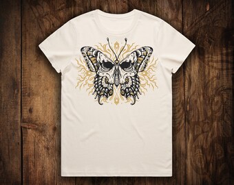 Ladies Memento Mori Butterfly Skull Ecru T-Shirt