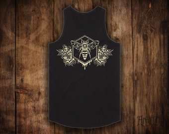 Mens Bee Flower Chrysanthemum Geometric Black Singlet Tank