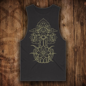 May include: A black sleeveless vest with a detailed gold-coloured floral design. The design features a central flower motif with intricate patterns and symmetrical elements. The vest is made of a soft material.
