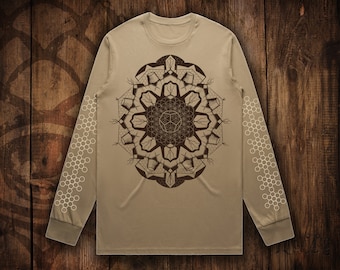 クリアランスセール!! 長袖メンズTシャツ フェスティバルウェア 神聖幾何学 フラワーオブライフシャツ プラトン立体 フラクタル バーニングマン