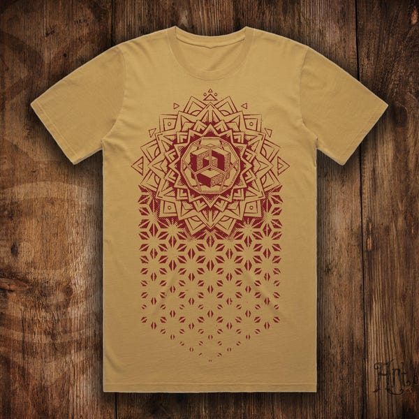 SLUTGÅNGSLAGER !!! Geometriskt blekt senapsgrått t-shirt med Fading of Time-motiv