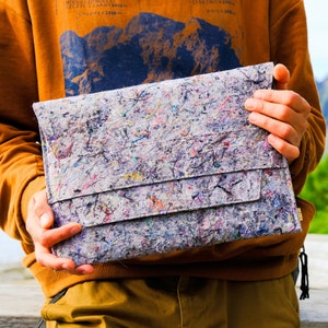 Könnte beinhalten: Eine graue Laptoptasche mit einem bunten, gesprenkelten Muster. Die Tasche hat einen Klappenverschluss und wird von einer Person gehalten, die einen braunen Pullover trägt. Die Tasche scheint aus einem filzartigen Material zu bestehen.