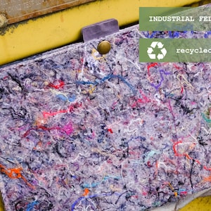 Può includere: Un articolo rettangolare in feltro industriale realizzato con tessuto riciclato. L'articolo è grigio con fili colorati rossi, blu, arancioni e rosa. Ha una chiusura a bottone e una piccola linguetta. Lo sfondo è giallo.