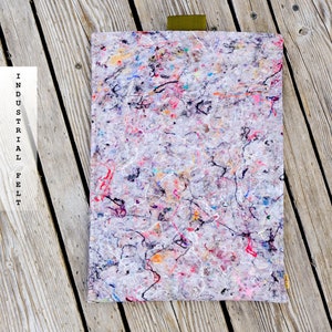 Puede incluir: Artículo rectangular de fieltro industrial hecho de tela reciclada. El fieltro tiene una base gris claro con motas coloridas de rosa, azul, amarillo y negro. Las palabras "recycled fabric" e "industrial felt" están impresas.