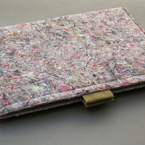 May include: Rectangular laptop sleeve with a speckled, multi-colored design. The sleeve is primarily gray with flecks of pink, blue, and yellow. It has a stitched border and a green fabric loop on the bottom right corner.