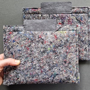 Peut inclure: Deux pochettes en feutre gris avec des mouchetures colorées, dotées d'une poignée rectangulaire en cuir gris. Les pochettes sont tenues par une main sur un fond gris. Le feutre est texturé.