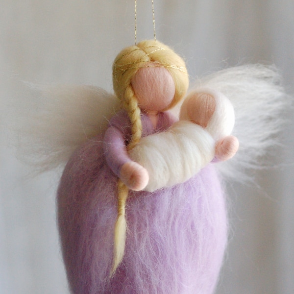 Soft lilac angel with newborn in her arms, fairy tale wool, Waldorf inspiration, home décor, collectible doll, soft sculpture