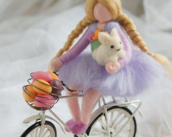 Baby girl cycling with tippete, wool doll fairy tale, Waldorf inspiration, house decor