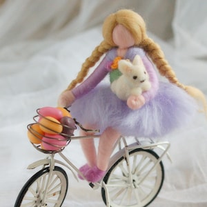 Baby girl cycling with tippete, wool doll fairy tale, Waldorf inspiration, house decor